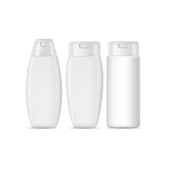Set of shampoo bottles isolated on white background. Vector mockup.