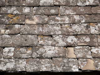 Lichen covered Cotswold stone roof tiles full frame background