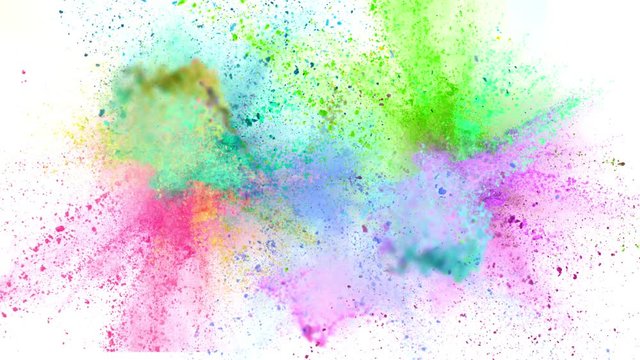 Super slowmotion shot of color powder explosions isolated on white background.