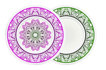 Matching decorative plates for interior design. Empty dish, porcelain plate mock up design. Vector illustration