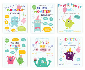 Set of cute monster happy birthday party invitation card design. Vector - obrazy, fototapety, plakaty