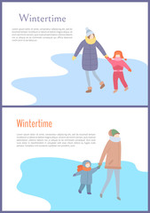 Walking mum with kid in wintertime in down-jacket and winter-suit with scarf and mittens with hat. Set of cards with text and people in warm clothes vector