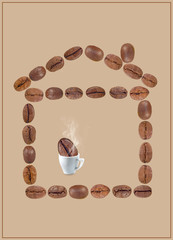 cups of coffee on stylized house of coffee beans background