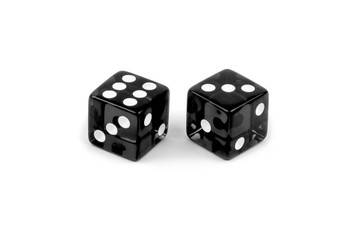 Two black glass dice isolated on white background. Six and three.