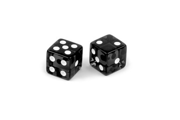 Two black glass dice isolated on white background. Five and two.