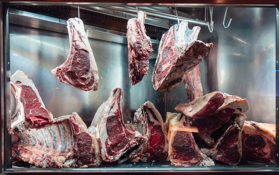 Maturation of premium beef meat in cold storage.