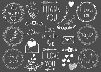 A set of romantic symbols and phrases for Valentine's Day