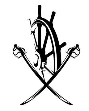 ship steering helm and crossed pirate saber swords - black and white vector design