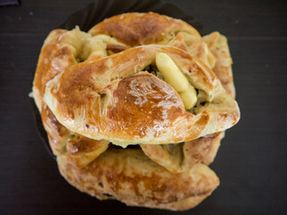 Fresh fish pie with mayonnaise top view