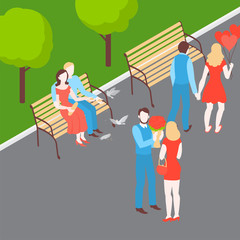 Valentines day romantic date in the park. Isometric couple. Man and woman feeding birds on the bench. Girl and boy walk. Husband and wife go out. Relationship anniversary and love
