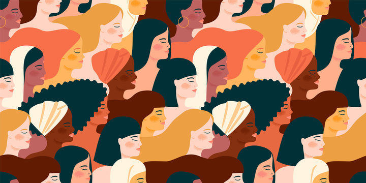 International Womens Day. Vector seamless pattern with with women different nationalities and cultures.