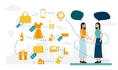 Two girls discussing fashion and cosmetics flat vector illustration.