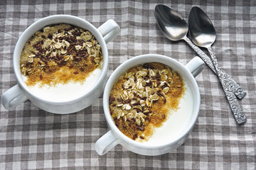 Healthy superfood with yogurt, bran, oatmeal and flax seeds. Fermented dairy products and seeds.