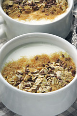 Healthy superfood with yogurt, bran, oatmeal and flax seeds. Fermented dairy products and seeds.