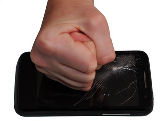 fist smashes smartphone. on white background