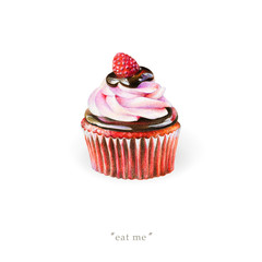 Sweet red cupcake with cream, chocolate and raspberry isolated on white background. Illustration for Valentine's Day, banner for promo actions, offers, sales and other.