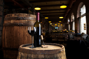 Wine cellar with wine bottle and glasses.with space for text
