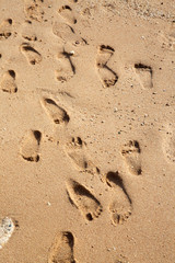 Fototapeta na wymiar Many footprints on sand on the beach