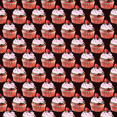 Seamless pattern of red cupcake with cream, chocolate and raspberry isolated on black background. Use for textile, wrapping paper, wallpaper, and other design. Drawing with colorful pencils.