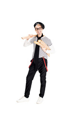 handsome french man smiling while holding baguettes isolated on white