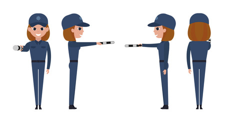 Girl police officer isolated on white background. The traffic controller holds a striped rod in an outstretched arm. Front, side, back view animated character.