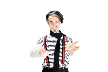 happy french man holding credit card and smiling isolated on shite