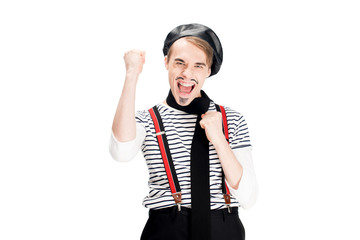excited french man in black beret celebrating winning isolated on white