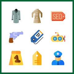 9 gun icon. Vector illustration gun set. policeman and coat icons for gun works