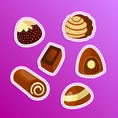 Vector set of chocolate candies isolated on white background for food, birthday and holidays illustrations. Sweet candy dessert assortment of dark and milk chocolate, chocolate candy collection