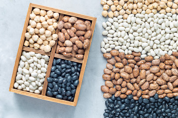 Black beans, pinto beans, white beans and chickpeas in wooden box and on concrete background, flat...