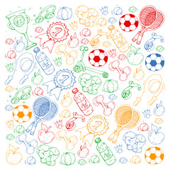 Vector pattern with sport elements. Fitness, games, exercises.