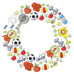 Vector pattern with sport elements. Fitness, games, exercises.