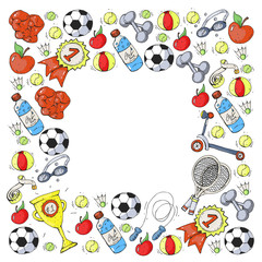 Vector pattern with sport elements. Fitness, games, exercises.
