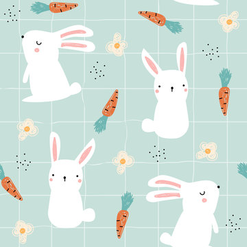 Seamless pattern with white bunny and carrots. Cute kids print. Vector hand drawn illustration.