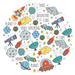 Space vector illustration. Science, technology pattern. Rocket and spaceships.