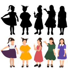 vector, isolated, set of silhouettes kids, little girls, collection
