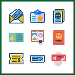 9 pass icon. Vector illustration pass set. plane ticket and passport icons for pass works