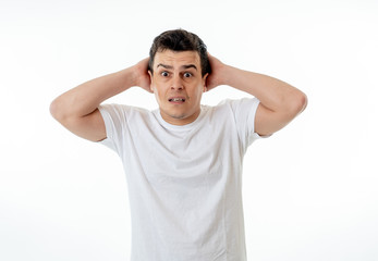 Human expressions and emotions. Concern scared shocked adult man with a terrified facial expression