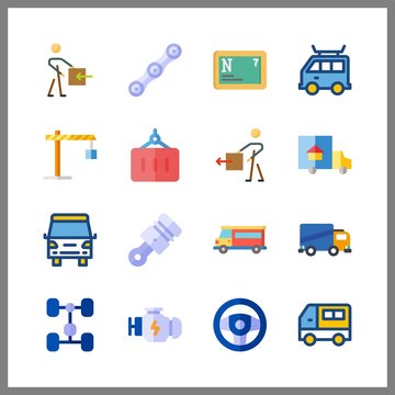 16 truck icon. Vector illustration truck set. chassis and steering wheel icons for truck works