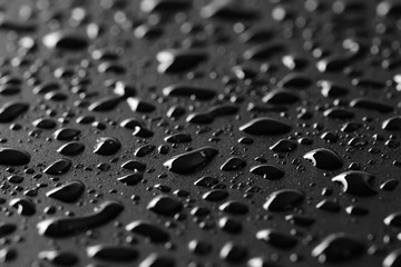Water droplets on black background and texture, macro, side view