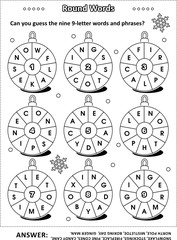 Christmas or New Year word puzzle (English language) with winter and holiday words written around the ornaments: Can you guess the nine 9-letter words? Black and white, IQ training. Answer included.
