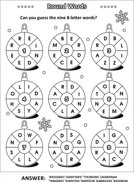 Christmas Or New Year Word Puzzle English Language With Winter And Holiday Words Written Around The Ornaments Can You Guess The Nine 8 Letter Words Black And White Iq Training Answer Included Stock