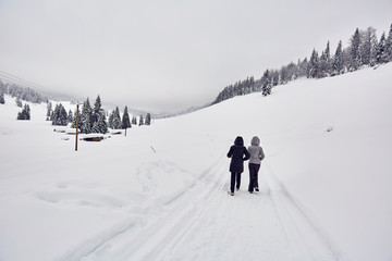 Fototapeta na wymiar Tourists walking on a snowy trail