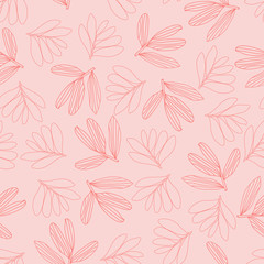 Vector line art leaves on pink background seamless pattern, baby pink, wallpaper