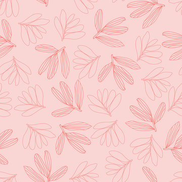 Vector Line Art Leaves On Pink Background Seamless Pattern, Baby Pink, Wallpaper
