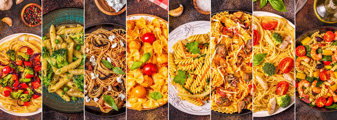 Collage of various pasta dishes.