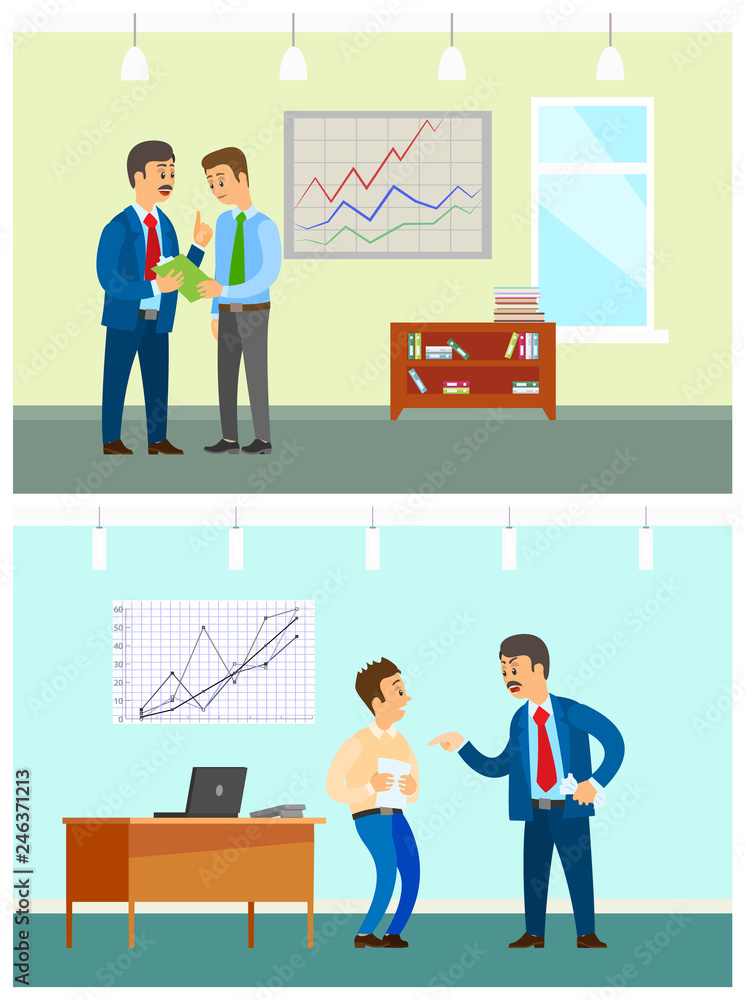 Poster working task and bad job, boss and employee. list of orders and wrong document, office interior, sta