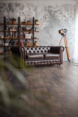 Interior with leather sofa and luxury lamp. Textured background vertical picture