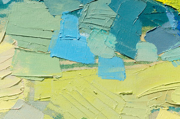 Abstract colorful oil painting on canvas. Oil paint texture with brush and palette knife strokes. Multi colored wallpaper. Macro close up acrylic background. Modern art concept. Horizontal fragment.