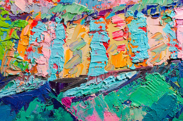 Fototapeta premium Abstract colorful oil painting on canvas. Oil paint texture with brush and palette knife strokes. Multi colored wallpaper. Macro close up acrylic background. Modern art concept. Horizontal fragment.